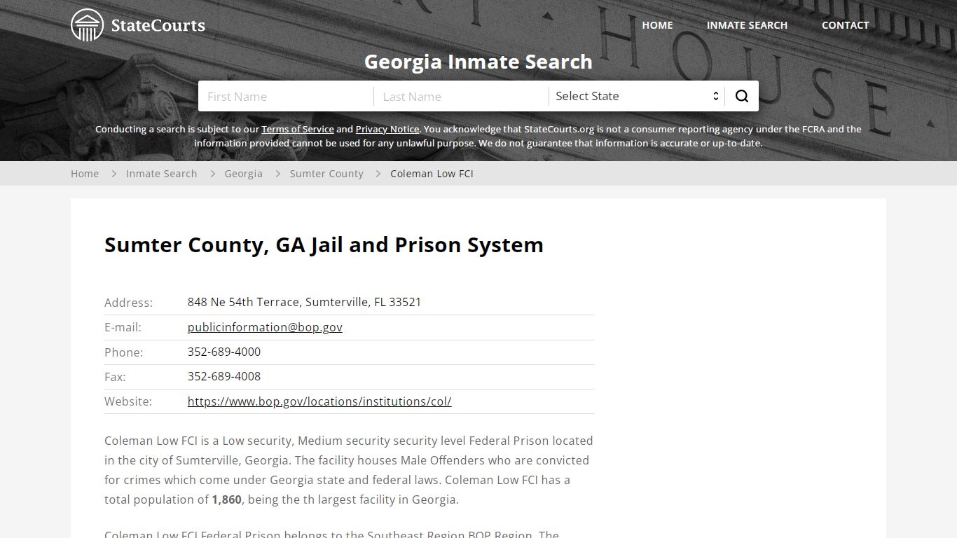 Coleman Low FCI Inmate Records Search, Georgia - StateCourts